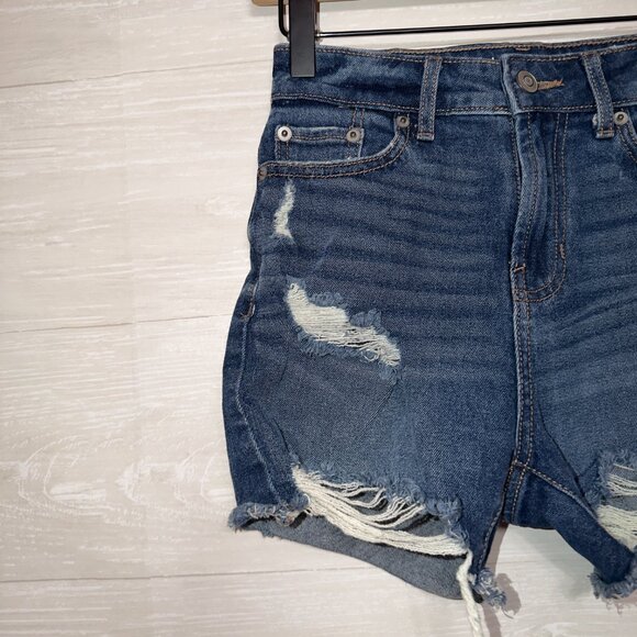 No Boundaries Distressed High Rise Denim Jean Shorts Blue Cutoff Frayed Hem - Picture 3 of 5